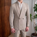 Traje de Lino para Hombre, 2 Piezas, Color Caqui, Cuello Chal, Doble Botonadura, Corte Entallado, Transpirable, Chaqueta y Pantalones, Conjunto Formal para Negocios de Verano