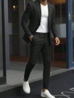 Conjunto de traje de 2 piezas para hombre, de color liso, con chaqueta de un solo botón y pantalones, estilo formal y ligero para negocios.