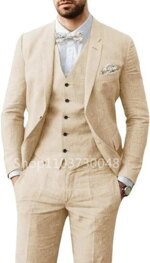 Traje elegante de lino Beige/azul para hombre, Blazer informal de una sola botonadura, Chaleco Ajustado, pantalones de alta calidad, trajes de boda de verano de 3 piezas - Imagen 2
