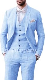 Traje elegante de lino Beige/azul para hombre, Blazer informal de una sola botonadura, Chaleco Ajustado, pantalones de alta calidad, trajes de boda de verano de 3 piezas - Imagen 3