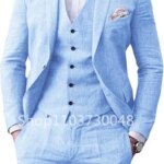 Traje elegante de lino Beige/azul para hombre, Blazer informal de una sola botonadura, Chaleco Ajustado, pantalones de alta calidad, trajes de boda de verano de 3 piezas