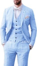 Traje elegante de lino Beige/azul para hombre, Blazer informal de una sola botonadura, Chaleco Ajustado, pantalones de alta calidad, trajes de boda de verano de 3 piezas