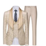 Nuevo Trajes de boda de Jacquard champán para hombre, chaqueta con solapa, chaleco, pantalones, trajes de negocios ajustados, traje para fiesta de graduación, 3 uds.