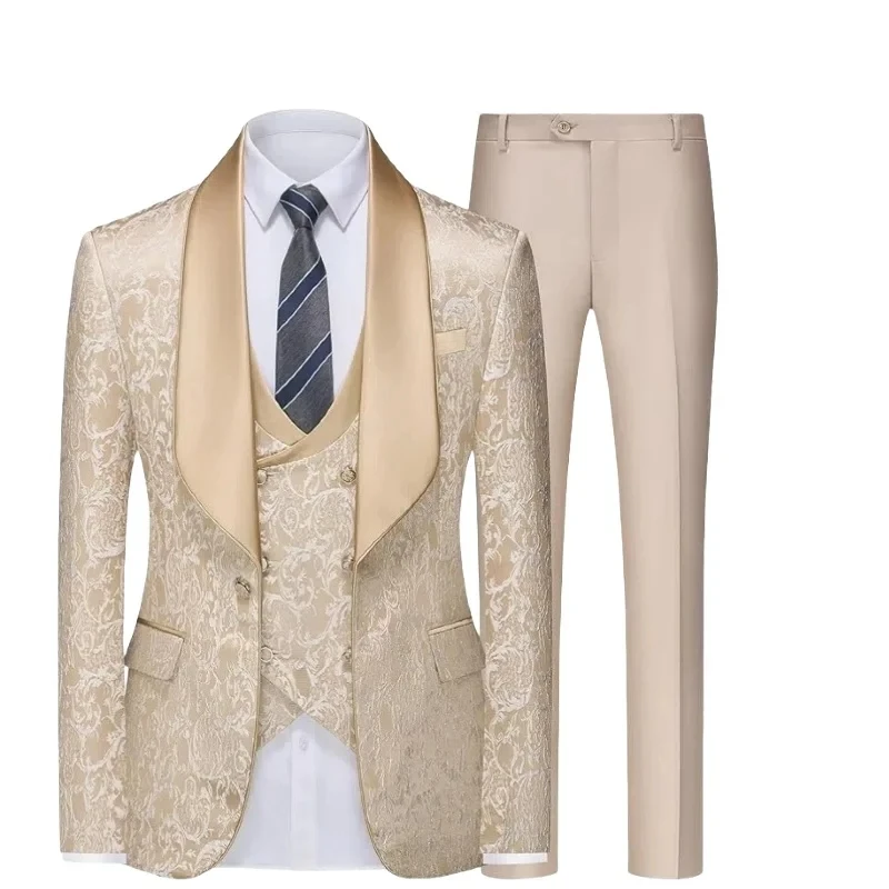 75958-nyibl7.jpg Nuevo Trajes de boda de Jacquard champán para hombre, chaqueta con solapa, chaleco, pantalones, trajes de negocios ajustados, traje para fiesta de graduación, 3 uds. - Imagen 1