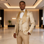 Traje de esmoquin formal de 3 piezas para hombre, jacquard color champán, con blazer de solapa tipo shawl, ideal para novio, padrino de boda y fiestas.