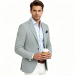 Blazer de mezcla de lino para hombre, con solapa con muescas, dos botones, transpirable, para negocios, informal, bodas, uso diario - Imagen 2