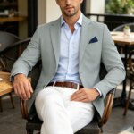 Blazer de mezcla de lino para hombre, con solapa con muescas, dos botones, transpirable, para negocios, informal, bodas, uso diario - Imagen 4