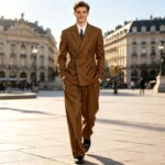 Traje de hombre marrón a rayas, 2 piezas, doble botonadura, corte ajustado, chaqueta con solapa de muesca, pantalón de pierna ancha, conjunto formal para negocios y bodas - Imagen 6