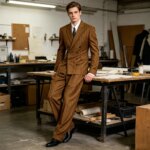 Traje de hombre marrón a rayas, 2 piezas, doble botonadura, corte ajustado, chaqueta con solapa de muesca, pantalón de pierna ancha, conjunto formal para negocios y bodas - Imagen 2