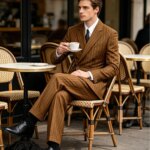 Traje de hombre marrón a rayas, 2 piezas, doble botonadura, corte ajustado, chaqueta con solapa de muesca, pantalón de pierna ancha, conjunto formal para negocios y bodas - Imagen 3