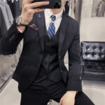 S-7XL (chaqueta + chaleco + pantalones) traje de negocios Formal a rayas a cuadros de Color sólido para hombre conjunto de 3 uds vestido de espectáculo Social de boda para novio - Imagen 4