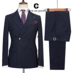 Cenne Des Graoom 2024 trajes de hombre a rayas azules y negras con doble botonadura, conjunto de 2 piezas hecho a medida, chaqueta, pantalones, reuniones de negocios, boda