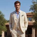 Trajes de hombre con solapa con muescas, traje informal personalizado de moda para hombre, traje de lino beige de 3 piezas para bodas, para padrinos de boda, verano - Imagen 2