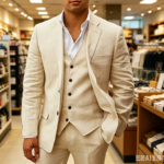 Trajes de hombre con solapa con muescas, traje informal personalizado de moda para hombre, traje de lino beige de 3 piezas para bodas, para padrinos de boda, verano