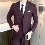 Traje (chaqueta + chaleco + pantalones) Hombre moda negocios rejilla británica tendencia estilo Casual presentador delgado trabajo de boda Conjunto Hombre