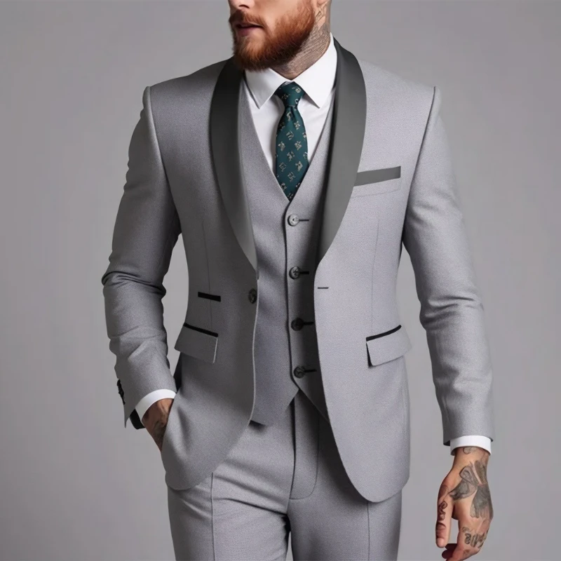 79180-8qjqzu.jpg Traje de 3 piezas para hombre, talla de EE. UU., con solapa y cuello negro, abrigo, chaleco y pantalón / Traje formal de negocios, para novio, boda, blazer, pantalón y chaleco - Imagen 1