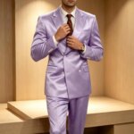 Traje de lujo para hombre de satén brillante de 2 piezas con solapa de pico, chaqueta cruzada y pantalón, elegante, ajustado, formal, para boda o fiesta - Imagen 3