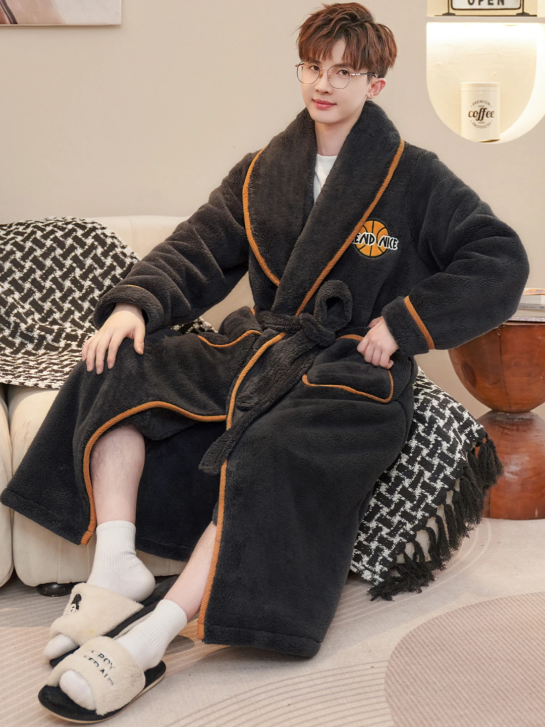 80632-ividwv.jpg Bata de dormir larga y gruesa de lana coral para hombre, ropa de casa de invierno, pijama, camisón, tela suave, cómoda y tran... - Imagen 1