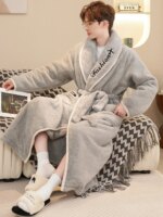 Bata de dormir larga y gruesa de lana coral para hombre, ropa de casa de invierno, pijama, camisón, tela suave, cómoda y tran... - Imagen 5