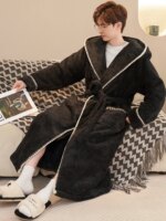 Bata de dormir larga y gruesa de lana coral para hombre, ropa de casa de invierno, pijama, camisón, tela suave, cómoda y tran... - Imagen 4