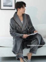 Nuevo Conjunto de Ropa de Casa para Hombre, Invierno, Bata Larga y Gruesa de Felpa Coral con Pantalones de Pijama, Cálido y A... - Imagen 2