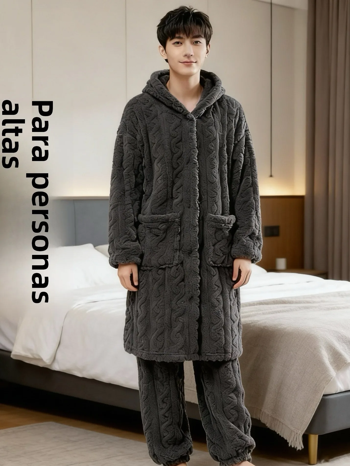 81231-c9lv8v.jpg Conjunto de Pijama con Capucha para Hombre, Forrado de Felpa, Grueso, de Longitud Media, Ropa de Casa Informal de Terciopelo ... - Imagen 1