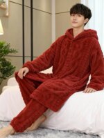 Conjunto de Pijama con Capucha para Hombre, Forrado de Felpa, Grueso, de Longitud Media, Ropa de Casa Informal de Terciopelo ... - Imagen 2