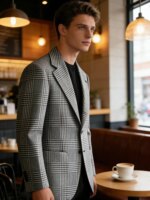 Blazer a cuadros Houndstooth para hombre, corte ajustado, mezcla de lana, abrigo deportivo informal, chaqueta con solapa de dos botones, esmoquin formal de negocios - Imagen 6