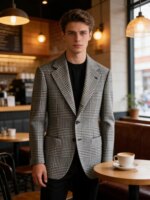 Blazer a cuadros Houndstooth para hombre, corte ajustado, mezcla de lana, abrigo deportivo informal, chaqueta con solapa de dos botones, esmoquin formal de negocios - Imagen 2