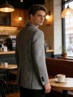 Blazer a cuadros Houndstooth para hombre, corte ajustado, mezcla de lana, abrigo deportivo informal, chaqueta con solapa de dos botones, esmoquin formal de negocios - Imagen 4