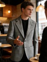Blazer a cuadros Houndstooth para hombre, corte ajustado, mezcla de lana, abrigo deportivo informal, chaqueta con solapa de dos botones, esmoquin formal de negocios - Imagen 5