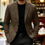 Blazer Casual para Hombre, Chaqueta de Traje de Lana con Estampado de Pata de Gallo, Solapa con Muescas, Corte Ajustado, para Negocios, Formal, Deportivo, Ropa Exterior