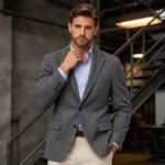 Blazer de Tweed con Patrón de Espiga para Hombre, Chaqueta de Traje Ajustada de Solapa Entallada con Botones, Chaqueta Formal de Oficina, Abrigo Deportivo, Chaqueta Casual de Negocios para Fiesta - Imagen 5