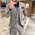 Traje 2025 (chaqueta + chaleco + pantalones), moda de negocios, presentador informal, versión coreana del estilo británico, boda de caballero delgado - Imagen 5