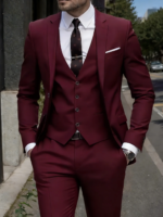 Conjunto de traje de 2 piezas color burdeos para hombre (solo blazer + pantalones, no incluye chaleco), chaqueta y pantalones formales ajustados para negocios, bodas y fiestas - Imagen 5
