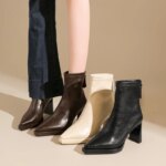 Botines de tacón grueso con punta afilada para mujer, con cremallera trasera, elásticos, ajustados, cortos, elegantes, de tacón alto, botas para mujer.