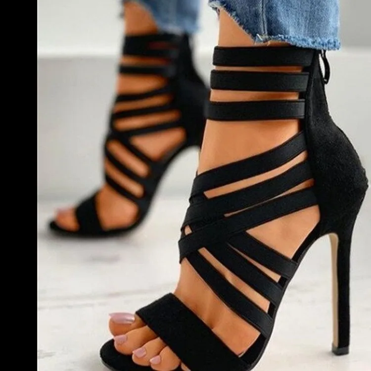 90021-0nhynr.jpg Sandalias de tacón alto con banda elástica cruzada para mujer, sexy, con punta abierta, nuevas sandalias de verano con cremallera trasera, zapatos de mujer negros con punta en pico. - Imagen 1