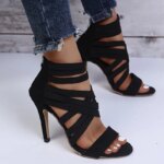 Sandalias de tacón alto con banda elástica cruzada para mujer, sexy, con punta abierta, nuevas sandalias de verano con cremallera trasera, zapatos de mujer negros con punta en pico. - Imagen 3