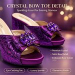 Conjunto de zapatos y bolso de mujer con encaje de satén morado de lujo, tacón de bloque con lazo de pedrería, sandalias abiertas, para bodas, fiestas y eventos nocturnos. - Imagen 2