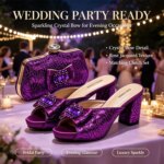 Conjunto de zapatos y bolso de mujer con encaje de satén morado de lujo, tacón de bloque con lazo de pedrería, sandalias abiertas, para bodas, fiestas y eventos nocturnos. - Imagen 3