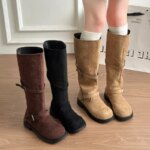 Botas altas hasta la rodilla para mujer, de ante sintético, con punta redonda, doble hebilla y correa, tacón bajo, estilo vintage, ideales para otoño e invierno, calzado casual.