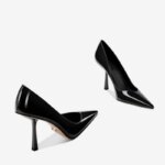 Temperamento moda tacones altos puntiagudos Sexy nuevo charol boca baja negro zapatos individuales moda tacones altos zapatos de mujer - Imagen 5