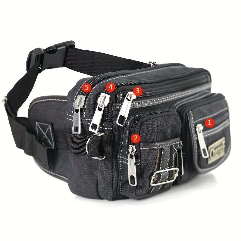 90878-inqkqi.jpg Riñonera con cremallera multicapa a la moda, bolso cruzado de pecho básico Retro de lona, bolsillo para teléfono deportivo para correr para hombre - Imagen 1