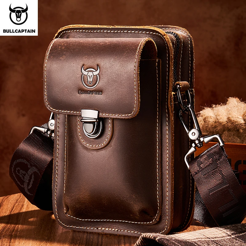 91069-ladku4.jpg BULLCAPTAIN, riñonera de cuero Crazy Horse para hombre, bolsa para teléfono, riñonera pequeña para hombre, bolso con cinturón para el pecho, mochila YB075 - Imagen 1