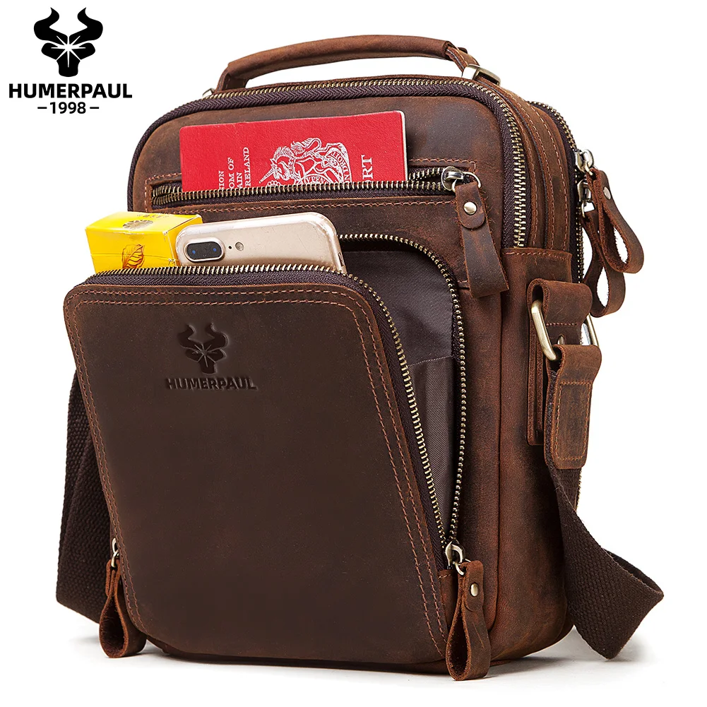 91079-aus4k0.jpg HUMERPAUL, Bolso de hombro de cuero genuino para Hombre, bolsos cruzados Vintage, Bolso de mano de mensajero para hombre de gran capacidad, Bolso de viaje para Hombres - Imagen 1