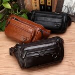 Riñoneras de cuero genuino para hombre, bandoleras de pecho, estilo casual y retro, riñoneras cruzadas de cuero vacuno auténtico, riñoneras con cinturón para la cadera. - Imagen 3