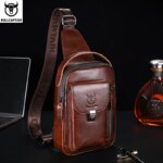 BULLCAPTAIN, bolso de pecho de cuero genuino para hombre, bolso informal Retro para teléfono móvil de 7,9 pulgadas, bolso cruzado antirrobo multifuncional