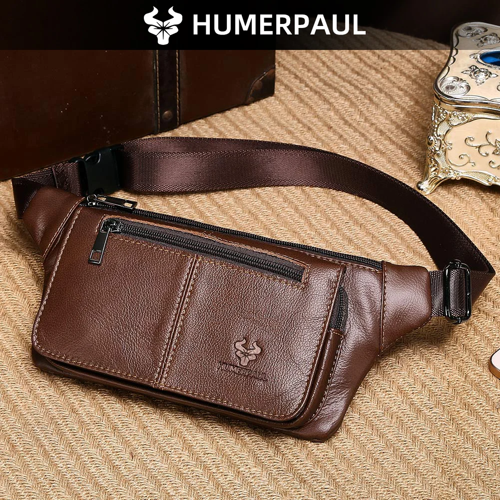 91190-3oavza.jpg HUMERPAUL Riñonera de cuero genuino para hombre, bolsas de pecho con múltiples bolsillos, correa ajustable, bolsa duradera para viajes diarios y al aire libre - Imagen 1