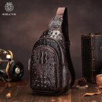 SCHLATUM Bolso de Pecho de Cuero Genuino para Hombre, Diseño Vintage con Patrón de Cocodrilo, Bolso Cruzado de Lujo para Viaje, Multifuncional