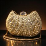 Bolso de mano con pedrería dorada para mujer, diseño de abanico, estuche rígido, bolso de noche con cristales, cadena, ideal para bodas, galas y fiestas, regalo.